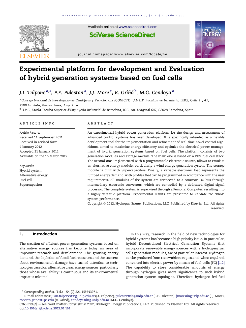 Experimental platform for development and Evaluation of hybrid generation systems based on fuel cells