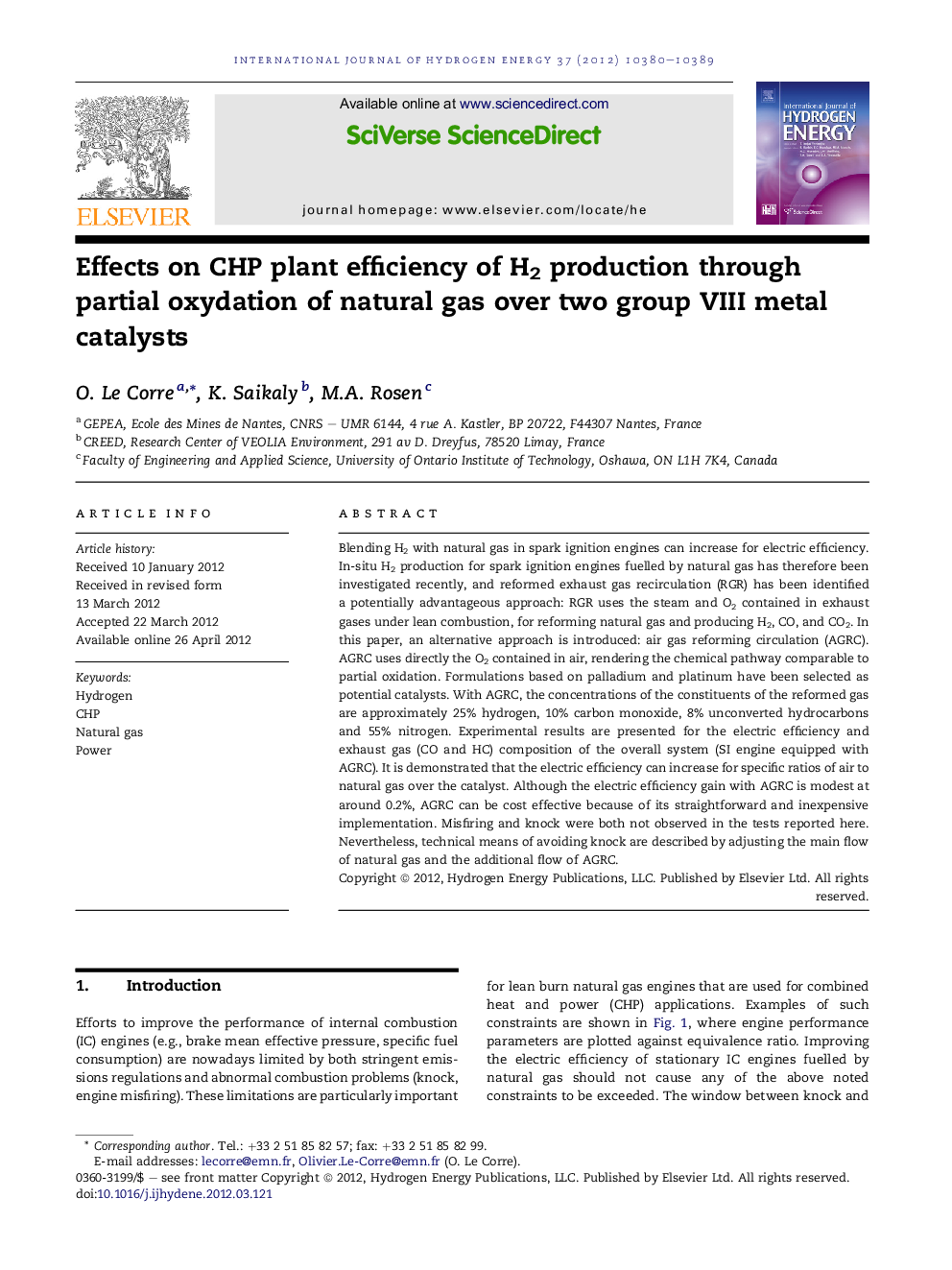 Effects on CHP plant efficiency of H2 production through partial oxydation of natural gas over two group VIII metal catalysts