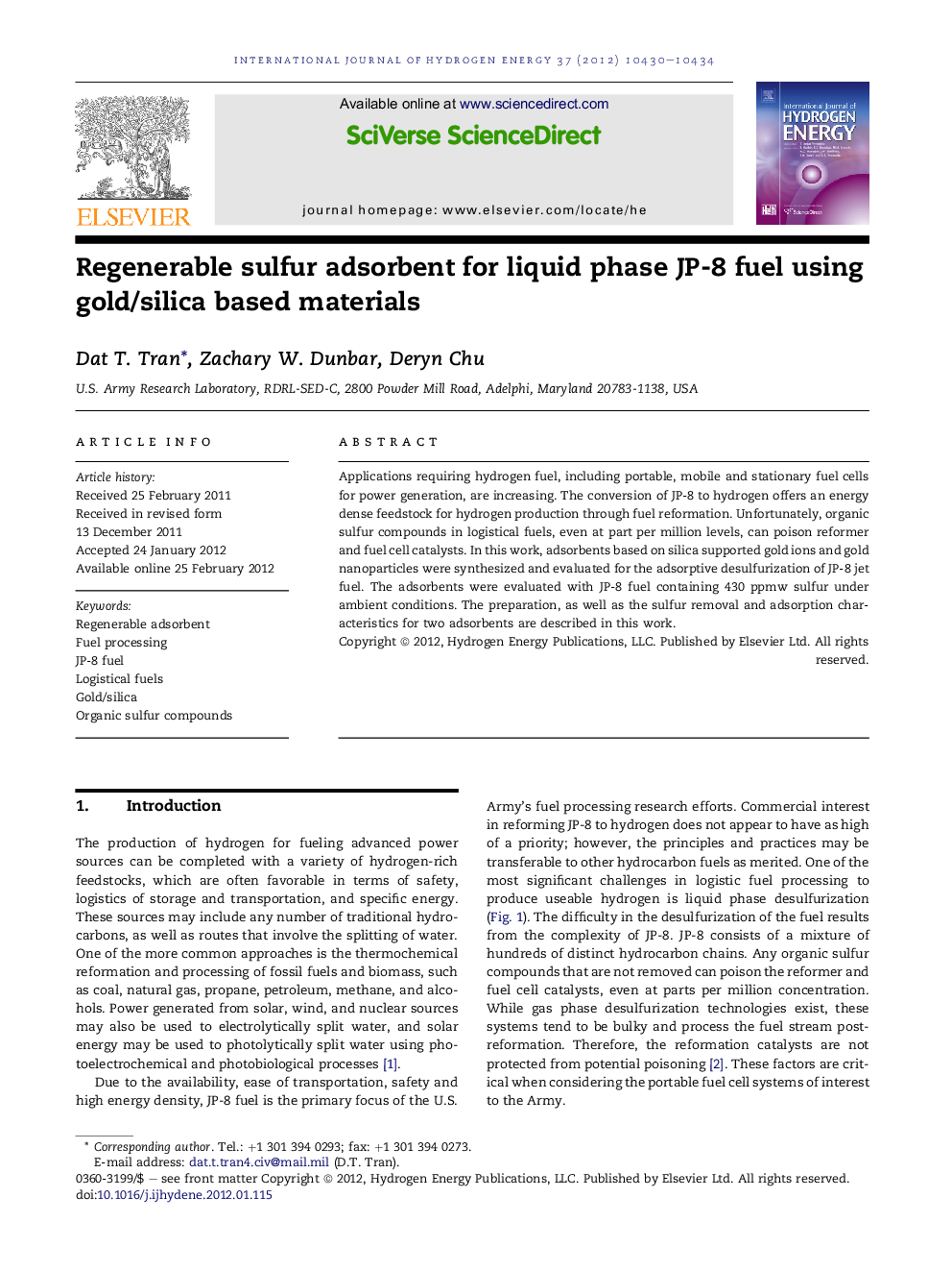 Regenerable sulfur adsorbent for liquid phase JP-8 fuel using gold/silica based materials