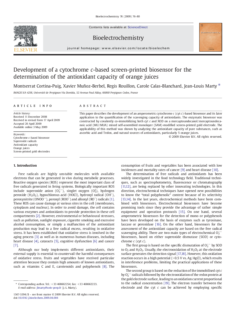 Development of a cytochrome c-based screen-printed biosensor for the determination of the antioxidant capacity of orange juices