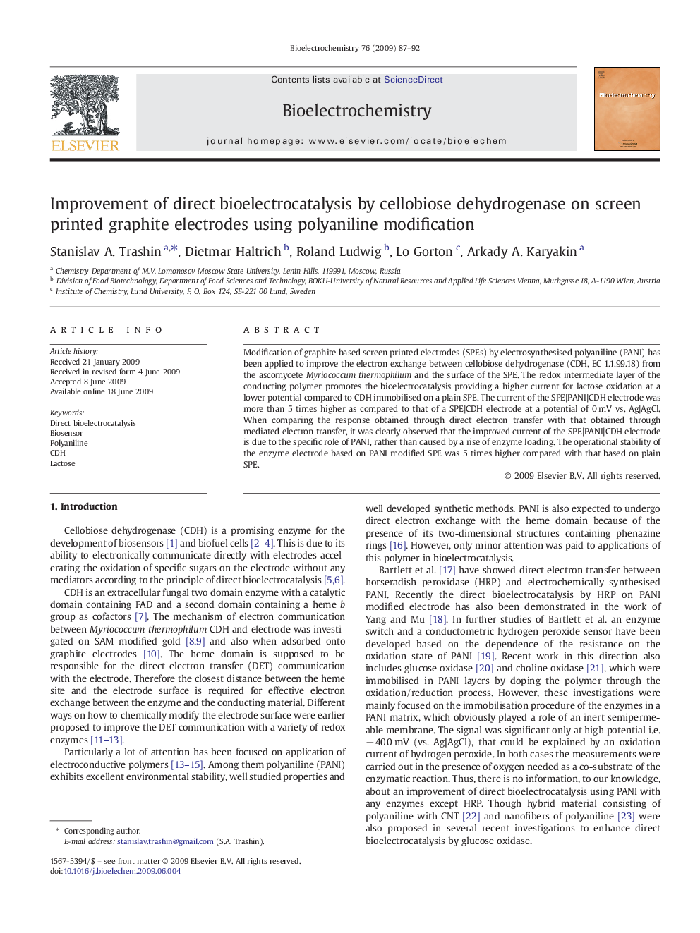 Improvement of direct bioelectrocatalysis by cellobiose dehydrogenase on screen printed graphite electrodes using polyaniline modification