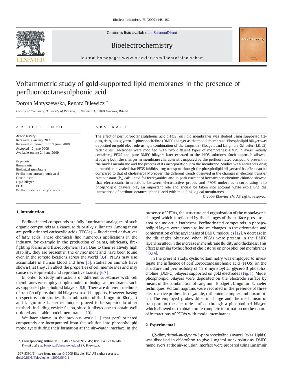 Voltammetric study of gold-supported lipid membranes in the presence of perfluorooctanesulphonic acid