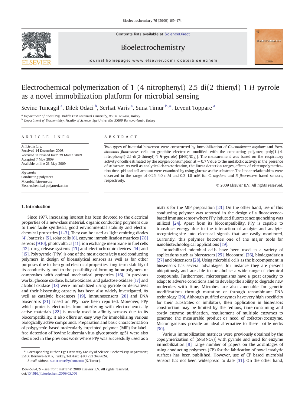 Electrochemical polymerization of 1-(4-nitrophenyl)-2,5-di(2-thienyl)-1 H-pyrrole as a novel immobilization platform for microbial sensing