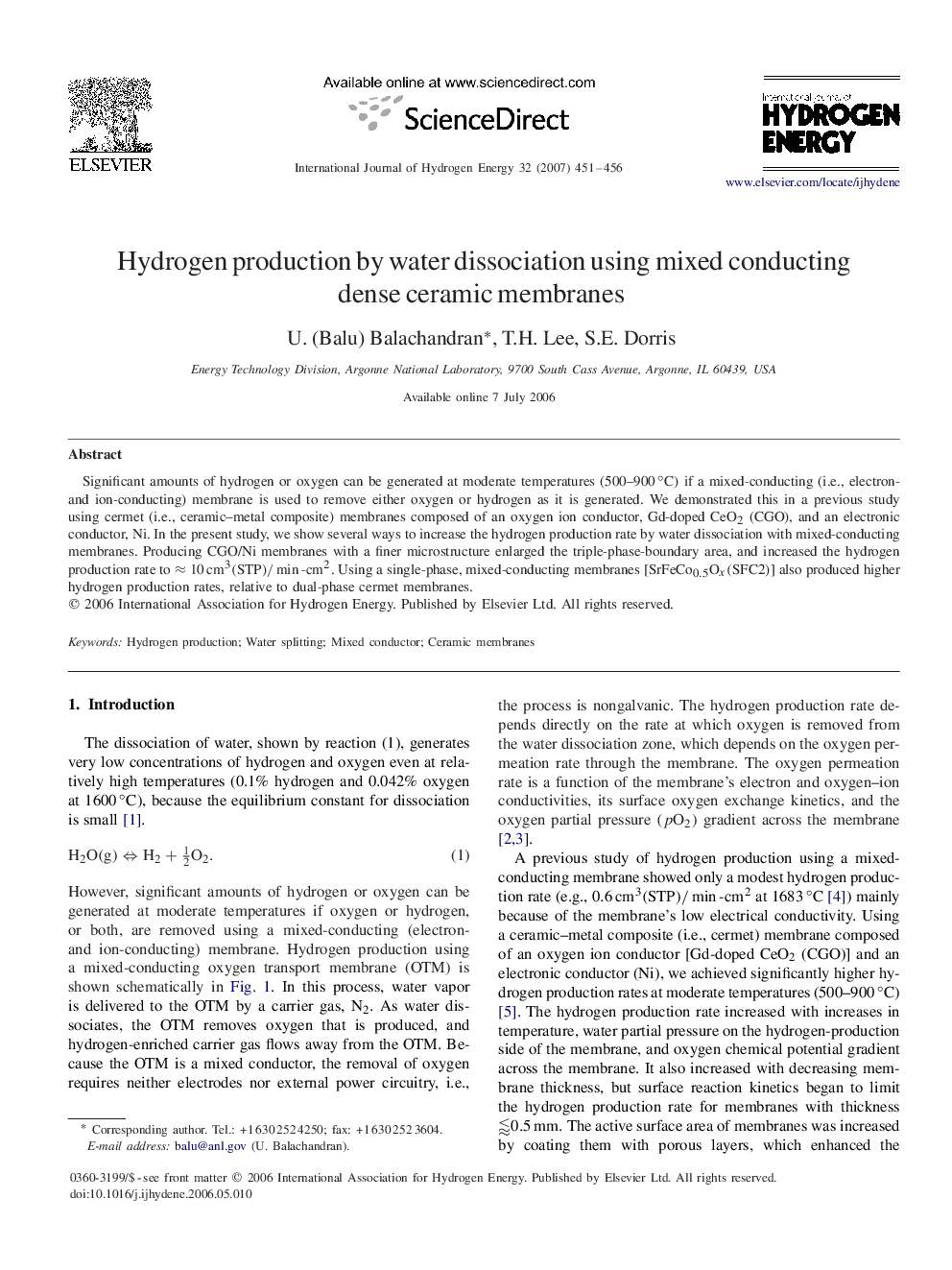 Hydrogen production by water dissociation using mixed conducting dense ceramic membranes