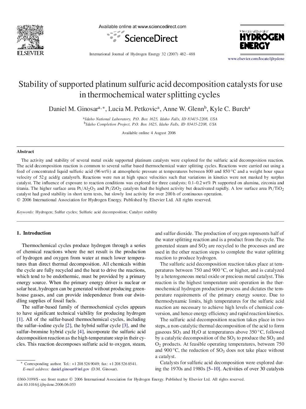 Stability of supported platinum sulfuric acid decomposition catalysts for use in thermochemical water splitting cycles