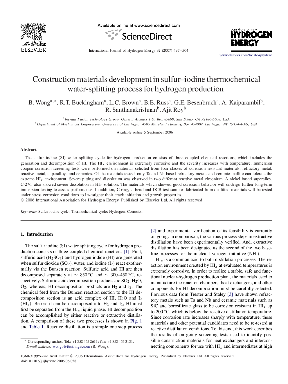 Construction materials development in sulfur–iodine thermochemical water-splitting process for hydrogen production