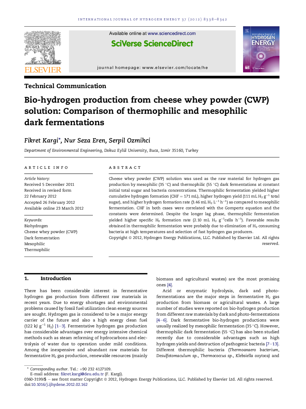 Bio-hydrogen production from cheese whey powder (CWP) solution: Comparison of thermophilic and mesophilic dark fermentations