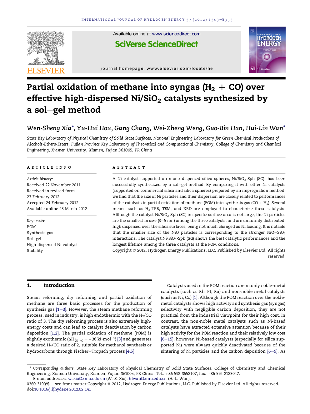 عکس صفحه اول مقاله: Partial oxidation of methane into syngas (H2 + CO) over effective high-dispersed Ni/SiO2 catalysts synthesized by a sol–gel method Partial oxidation of methane into syngas (H2 + CO) over effective high-dispersed Ni/SiO2 catalysts synthesized by a sol–gel method