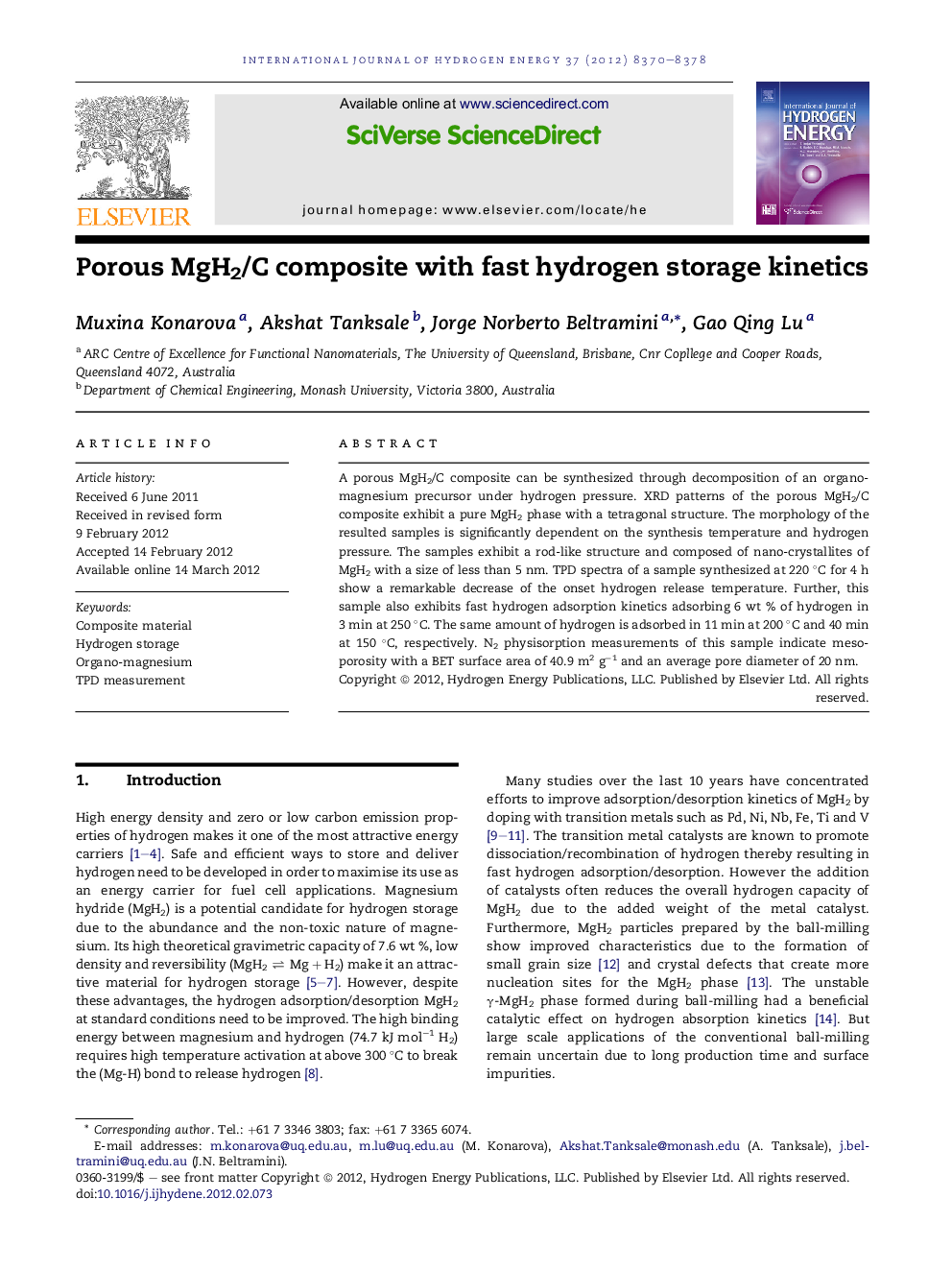 Porous MgH2/C composite with fast hydrogen storage kinetics