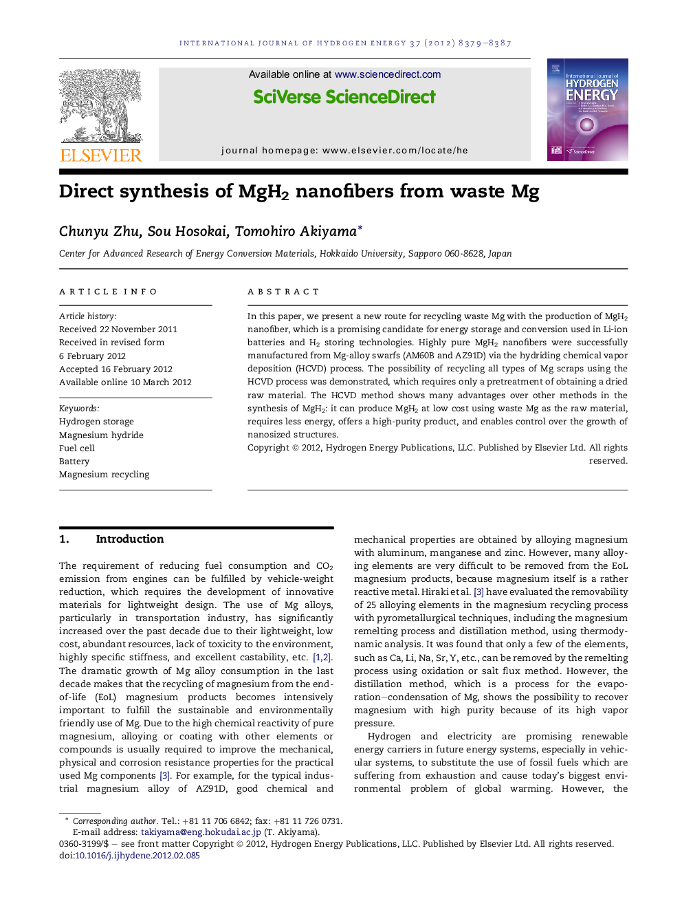 عکس صفحه اول مقاله: Direct synthesis of MgH2 nanofibers from waste Mg Direct synthesis of MgH2 nanofibers from waste Mg