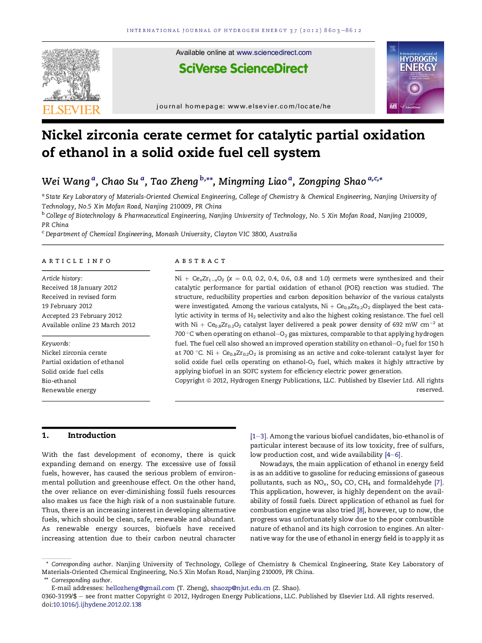 Nickel zirconia cerate cermet for catalytic partial oxidation of ethanol in a solid oxide fuel cell system