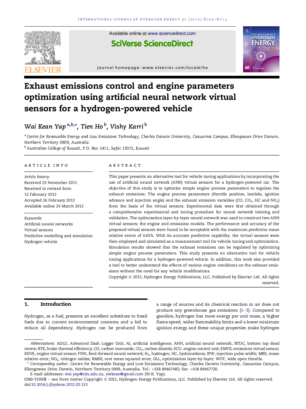 Exhaust emissions control and engine parameters optimization using artificial neural network virtual sensors for a hydrogen-powered vehicle