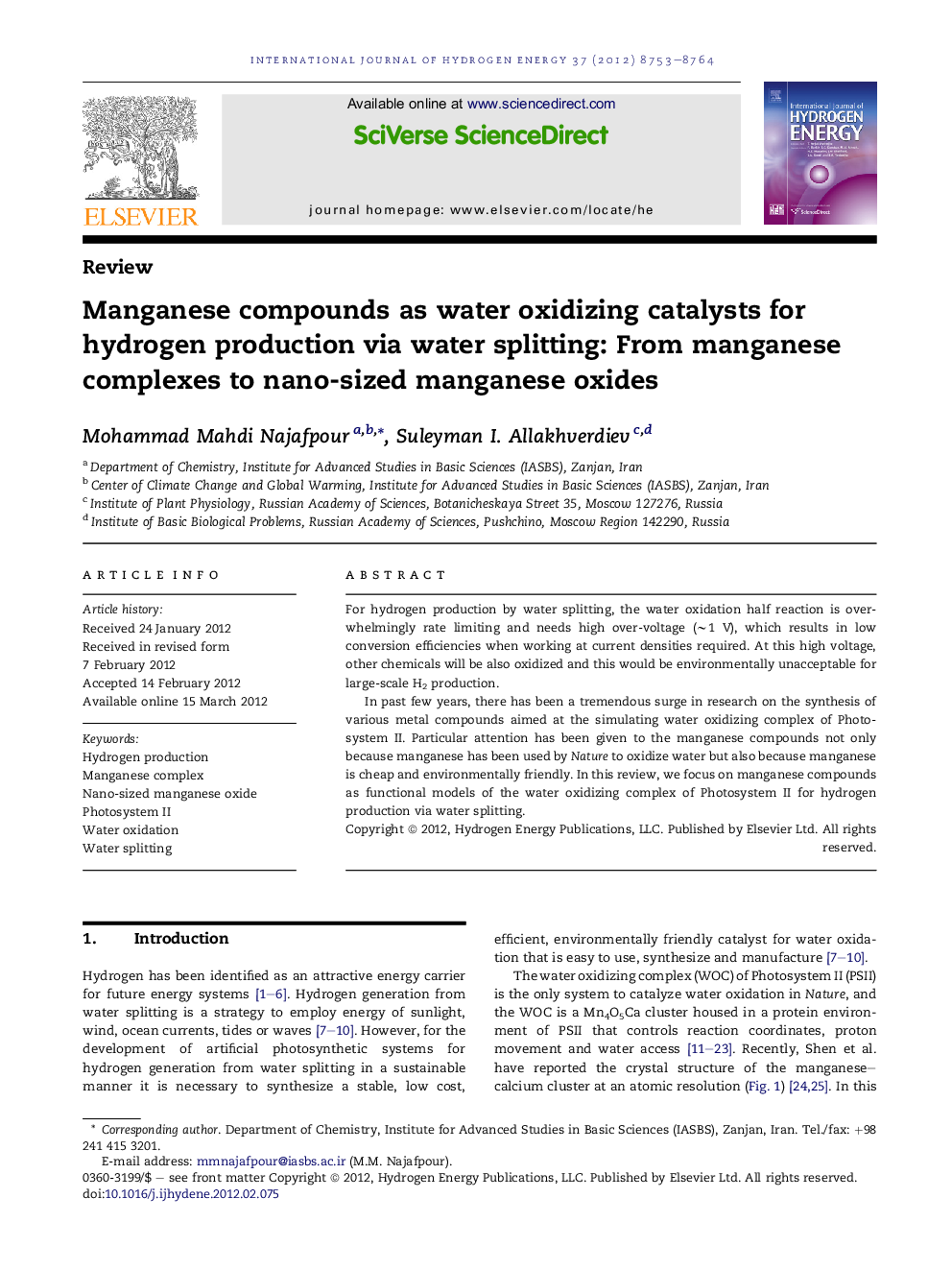 Manganese compounds as water oxidizing catalysts for hydrogen production via water splitting: From manganese complexes to nano-sized manganese oxides