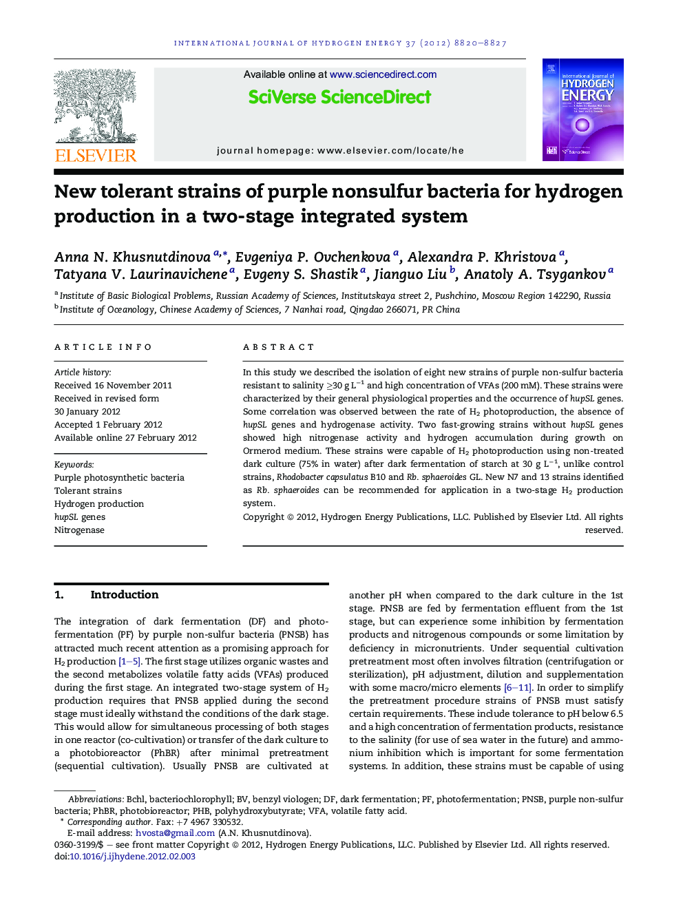 New tolerant strains of purple nonsulfur bacteria for hydrogen production in a two-stage integrated system