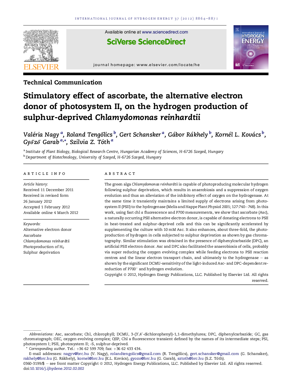Stimulatory effect of ascorbate, the alternative electron donor of photosystem II, on the hydrogen production of sulphur-deprived Chlamydomonas reinhardtii