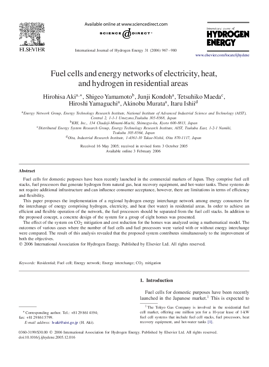 Fuel cells and energy networks of electricity, heat, and hydrogen in residential areas