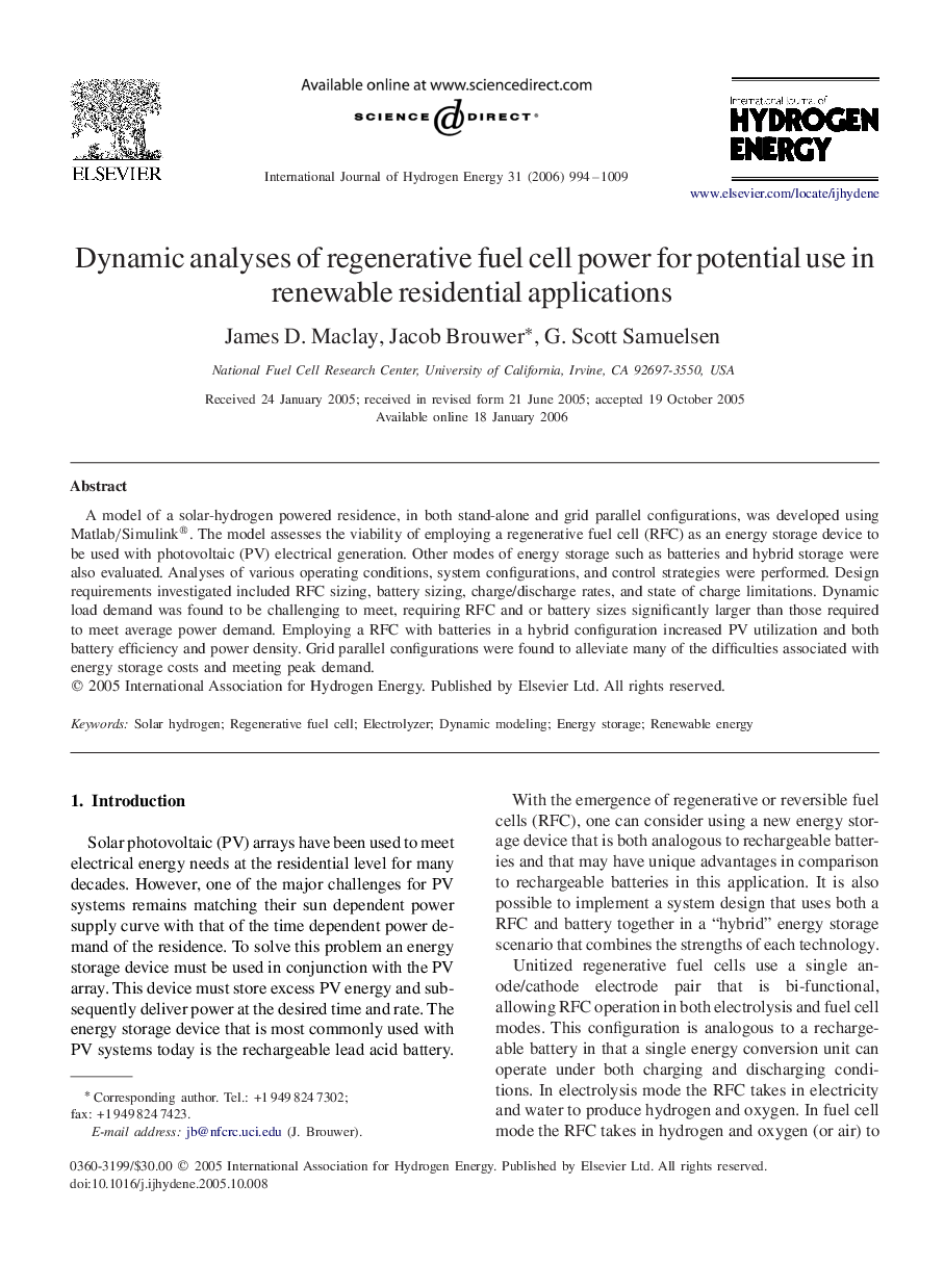 Dynamic analyses of regenerative fuel cell power for potential use in renewable residential applications