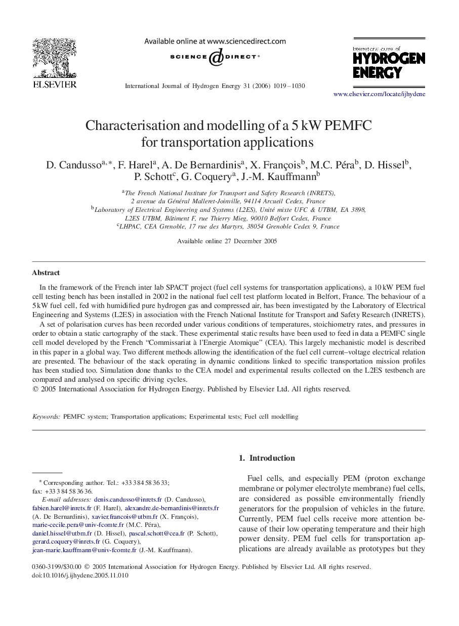 Characterisation and modelling of a 5 kW PEMFC for transportation applications