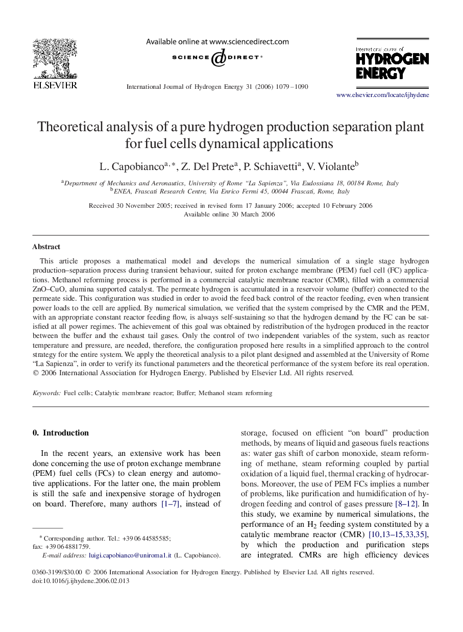 Theoretical analysis of a pure hydrogen production separation plant for fuel cells dynamical applications