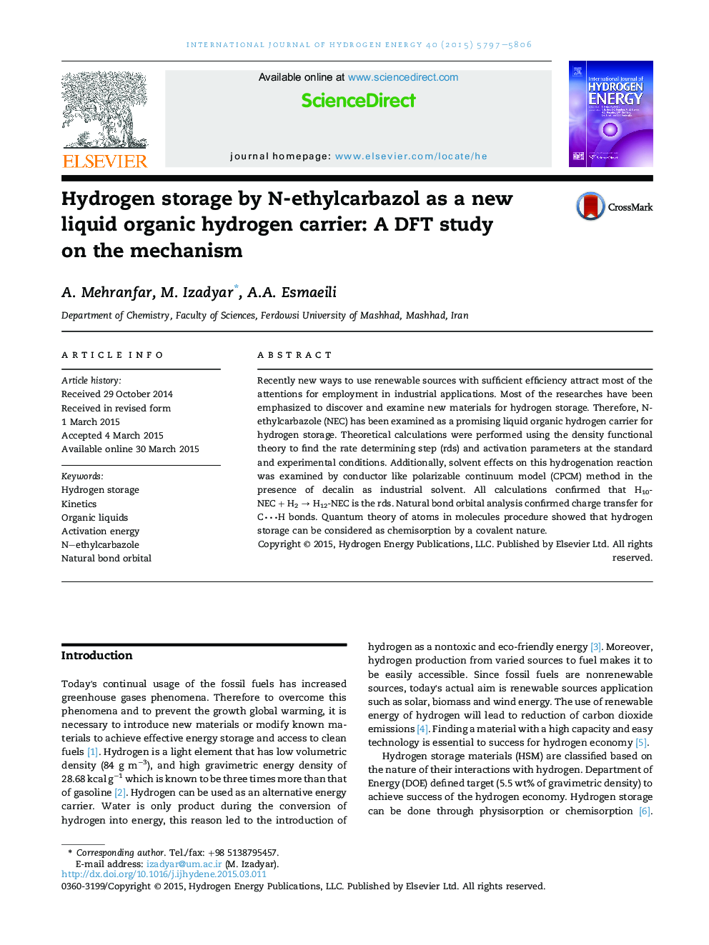 Hydrogen storage by N-ethylcarbazol as a new liquid organic hydrogen carrier: A DFT study on the mechanism