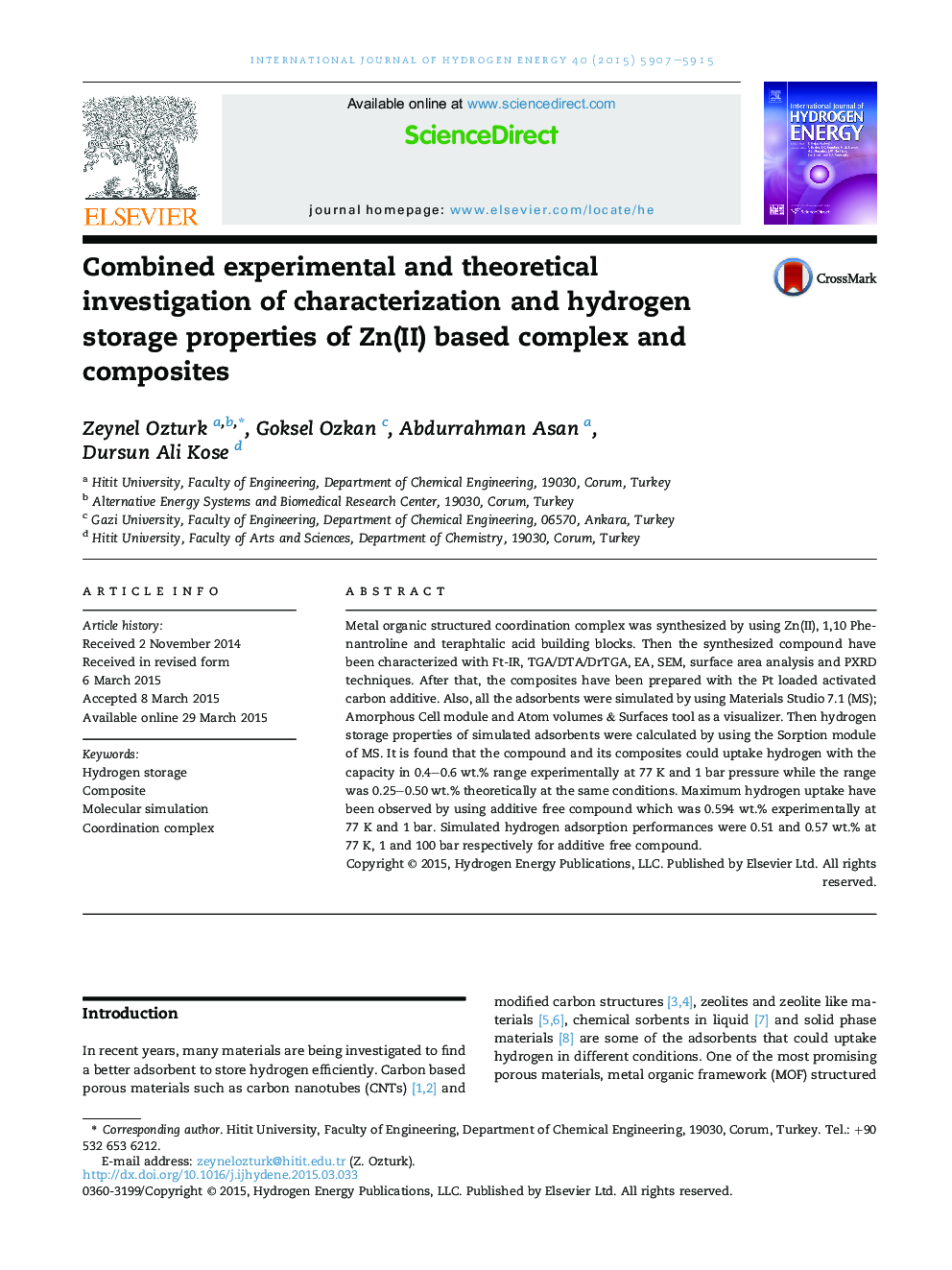 Combined experimental and theoretical investigation of characterization and hydrogen storage properties of Zn(II) based complex and composites