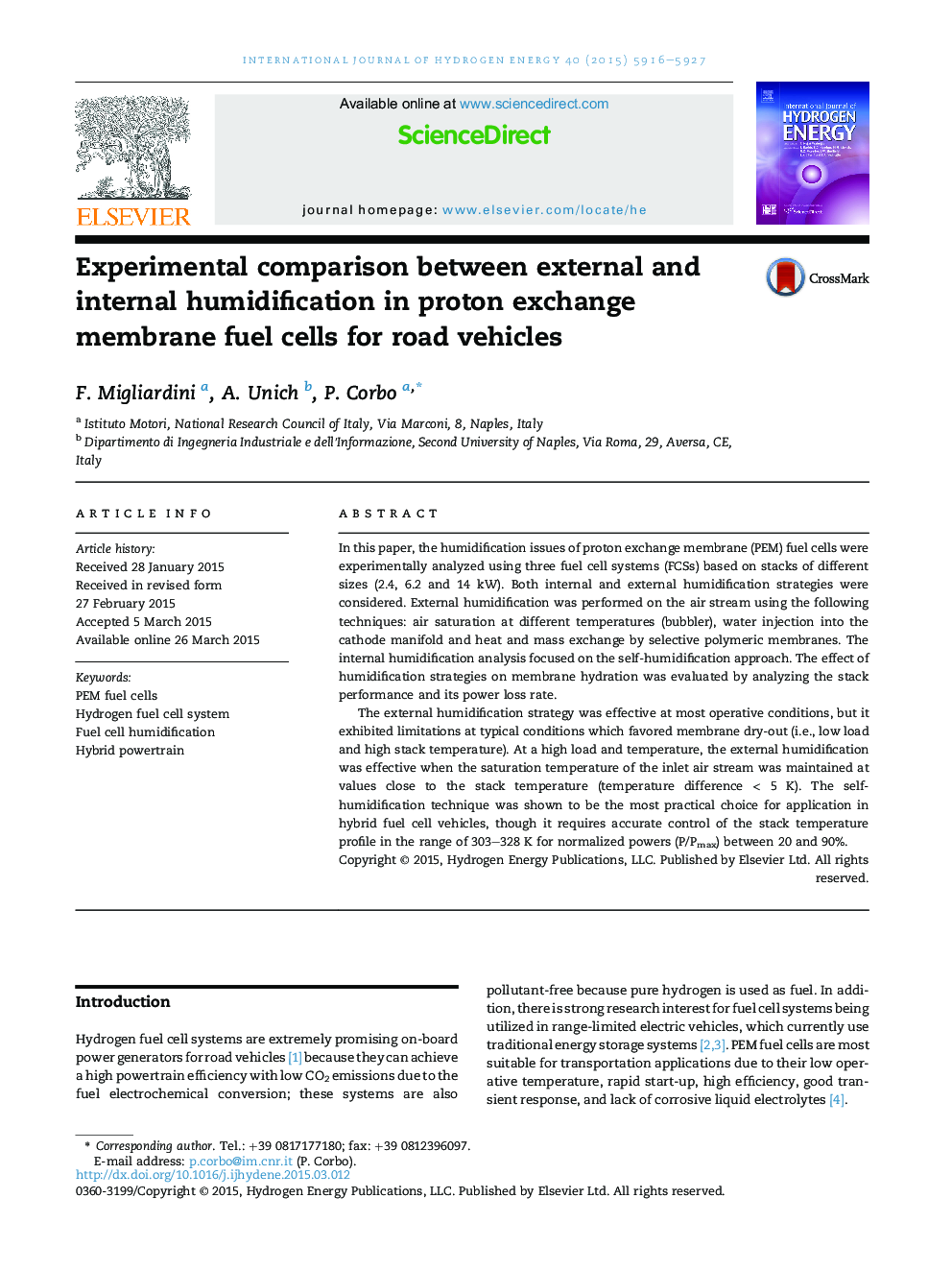 Experimental comparison between external and internal humidification in proton exchange membrane fuel cells for road vehicles