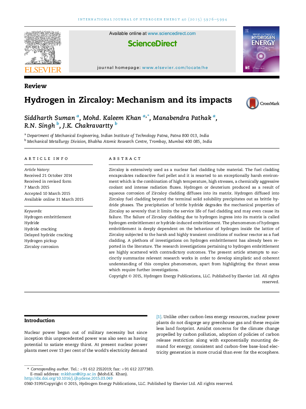 Hydrogen in Zircaloy: Mechanism and its impacts