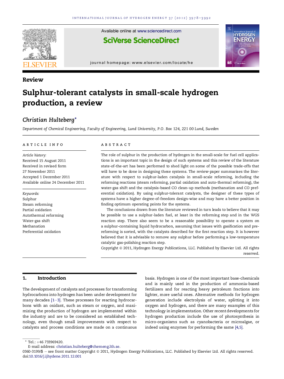 Sulphur-tolerant catalysts in small-scale hydrogen production, a review