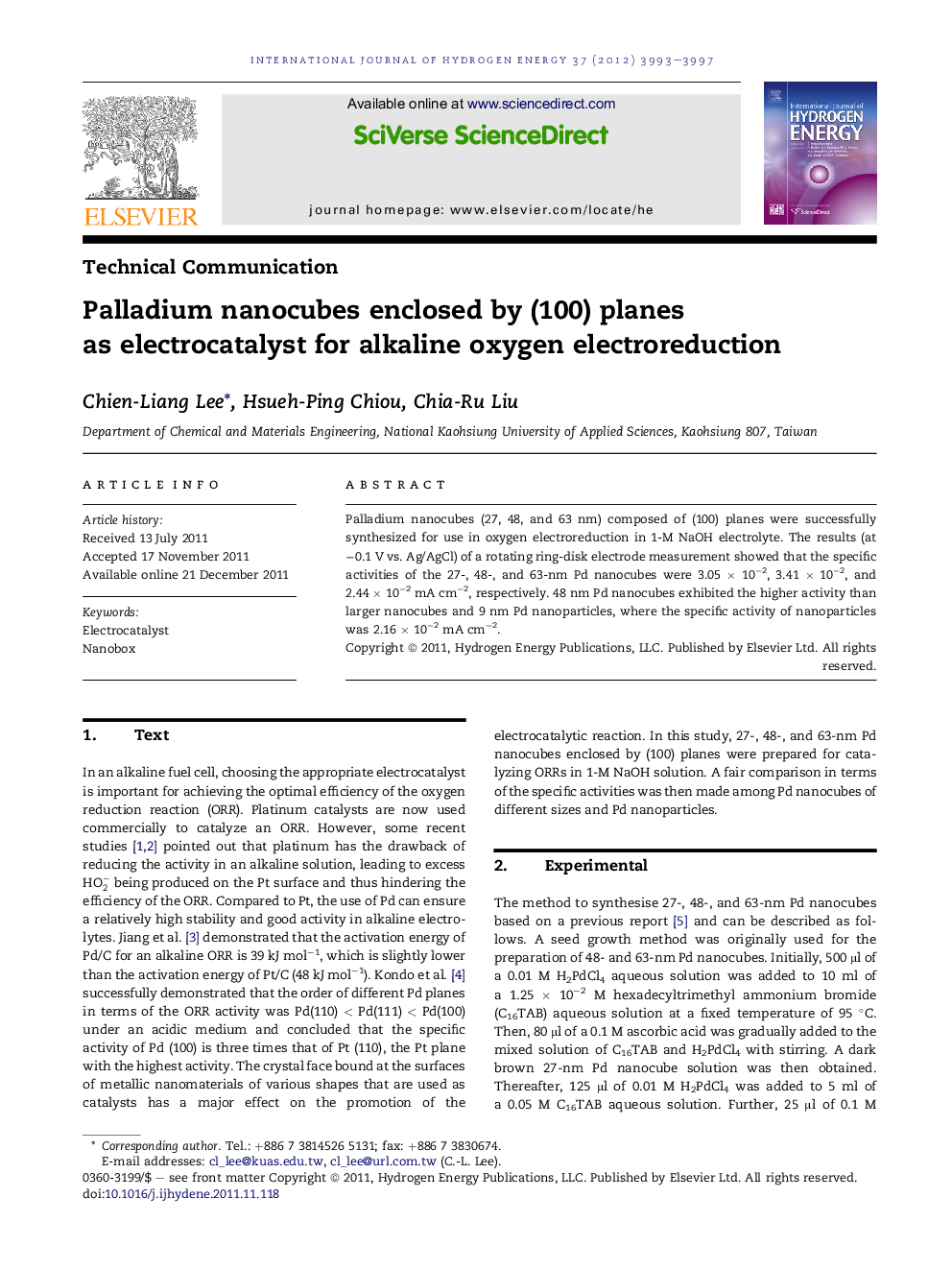 Palladium nanocubes enclosed by (100) planes as electrocatalyst for alkaline oxygen electroreduction