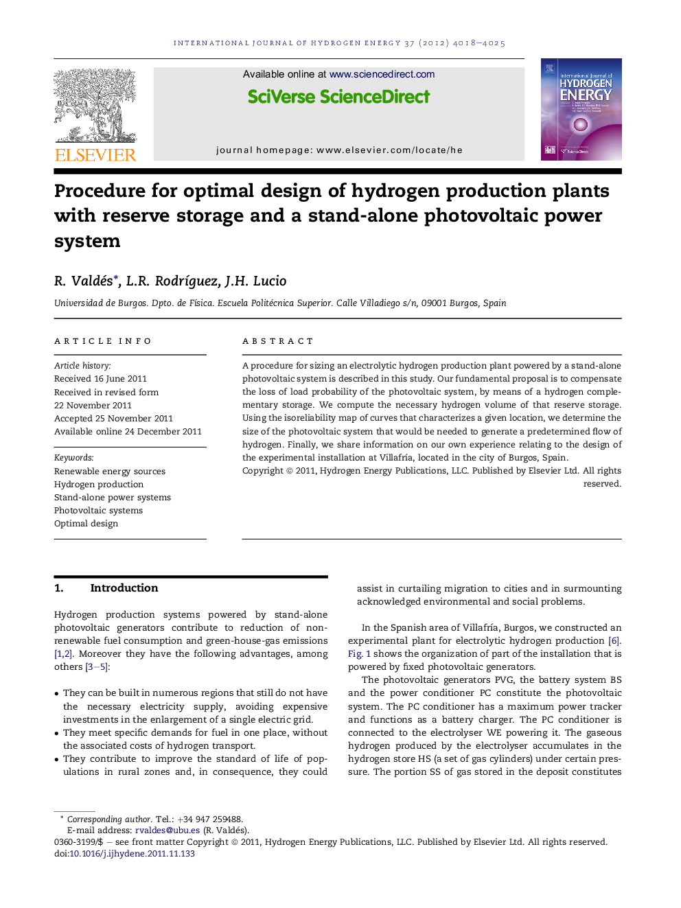 Procedure for optimal design of hydrogen production plants with reserve storage and a stand-alone photovoltaic power system