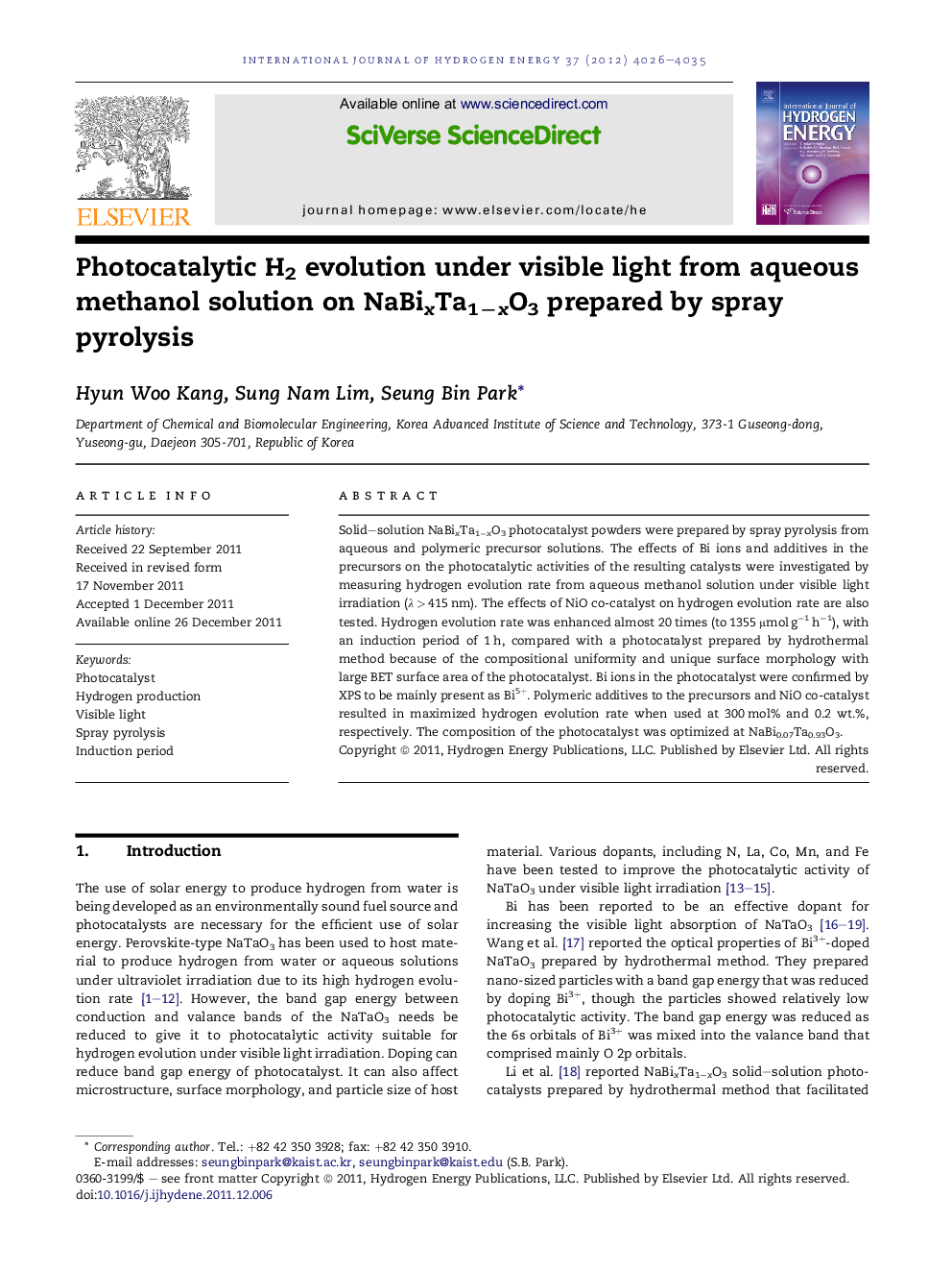 Photocatalytic H2 evolution under visible light from aqueous methanol solution on NaBixTa1−xO3 prepared by spray pyrolysis