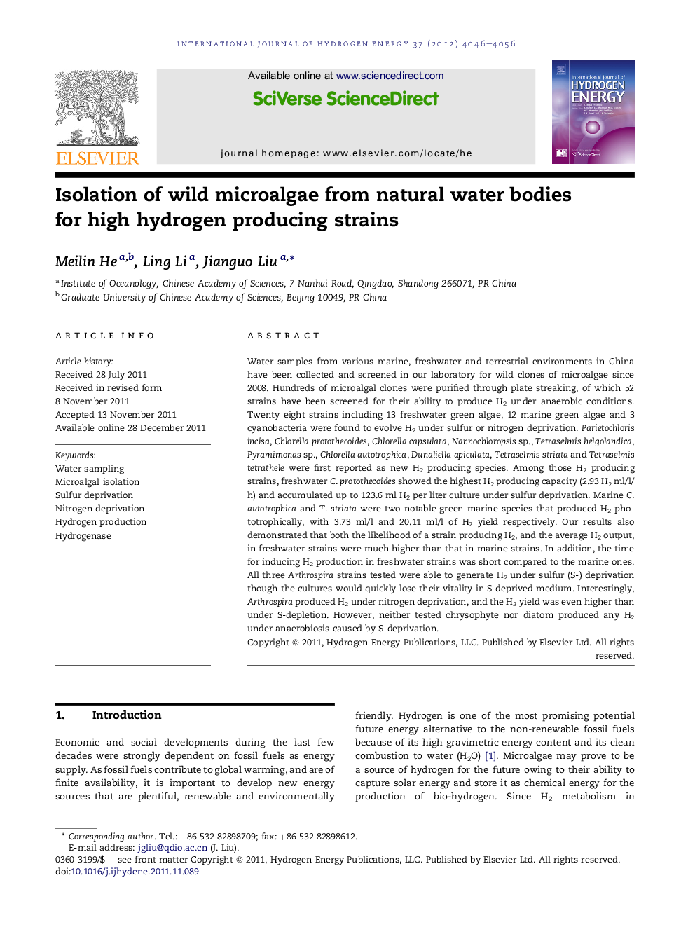 Isolation of wild microalgae from natural water bodies for high hydrogen producing strains