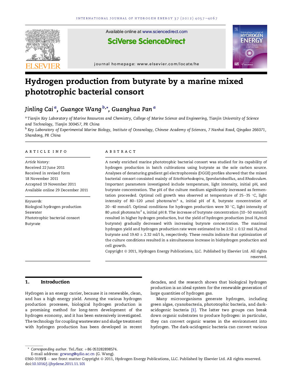 Hydrogen production from butyrate by a marine mixed phototrophic bacterial consort