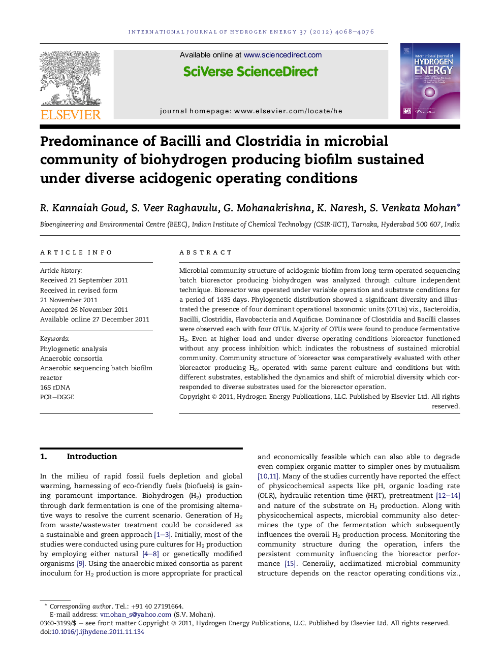 Predominance of Bacilli and Clostridia in microbial community of biohydrogen producing biofilm sustained under diverse acidogenic operating conditions