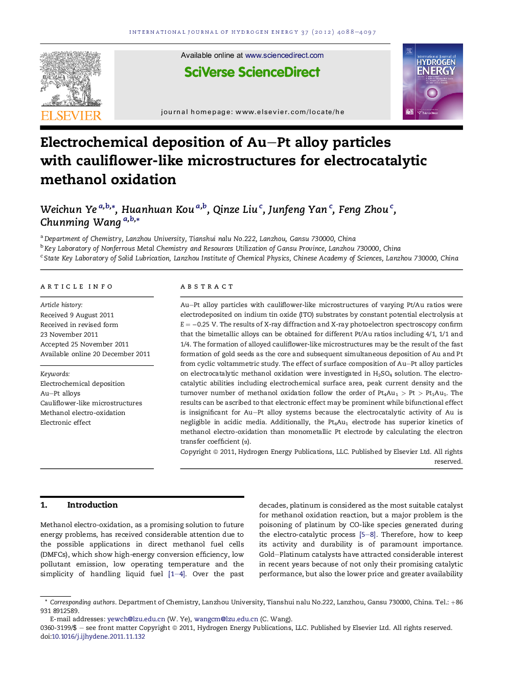 Electrochemical deposition of Au–Pt alloy particles with cauliflower-like microstructures for electrocatalytic methanol oxidation