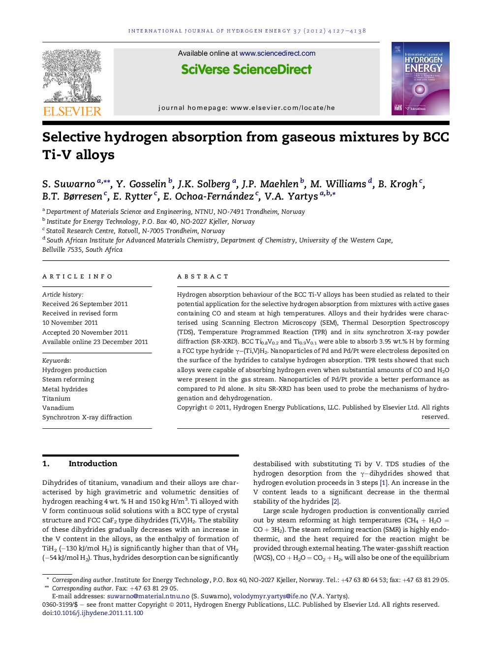 Selective hydrogen absorption from gaseous mixtures by BCC Ti-V alloys