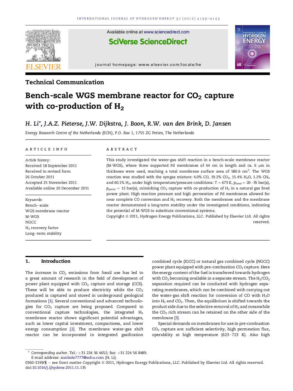 Bench-scale WGS membrane reactor for CO2 capture with co-production of H2