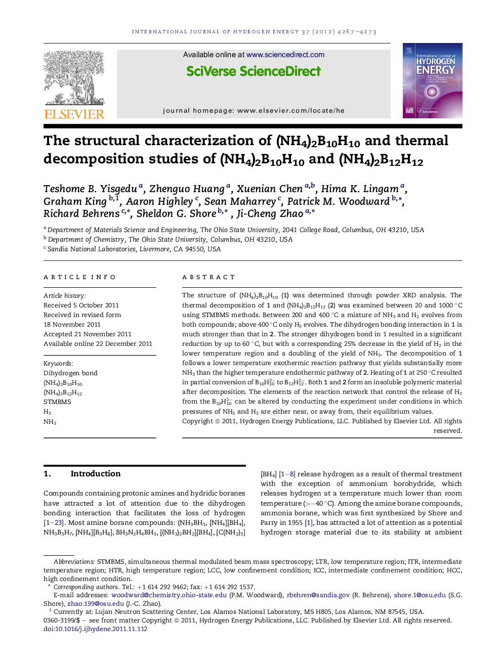 The structural characterization of (NH4)2B10H10 and thermal decomposition studies of (NH4)2B10H10 and (NH4)2B12H12