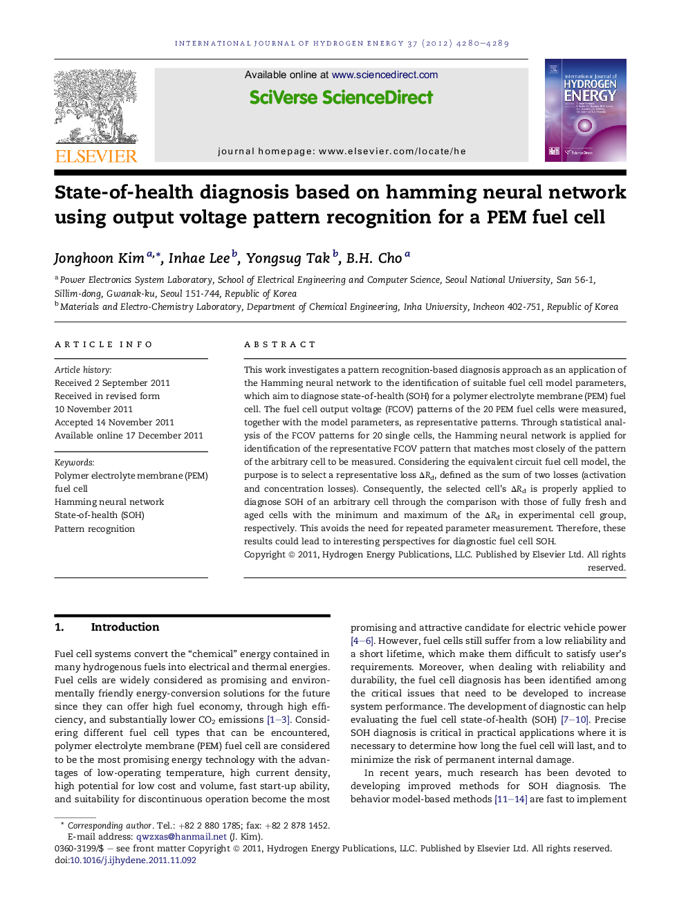 State-of-health diagnosis based on hamming neural network using output voltage pattern recognition for a PEM fuel cell