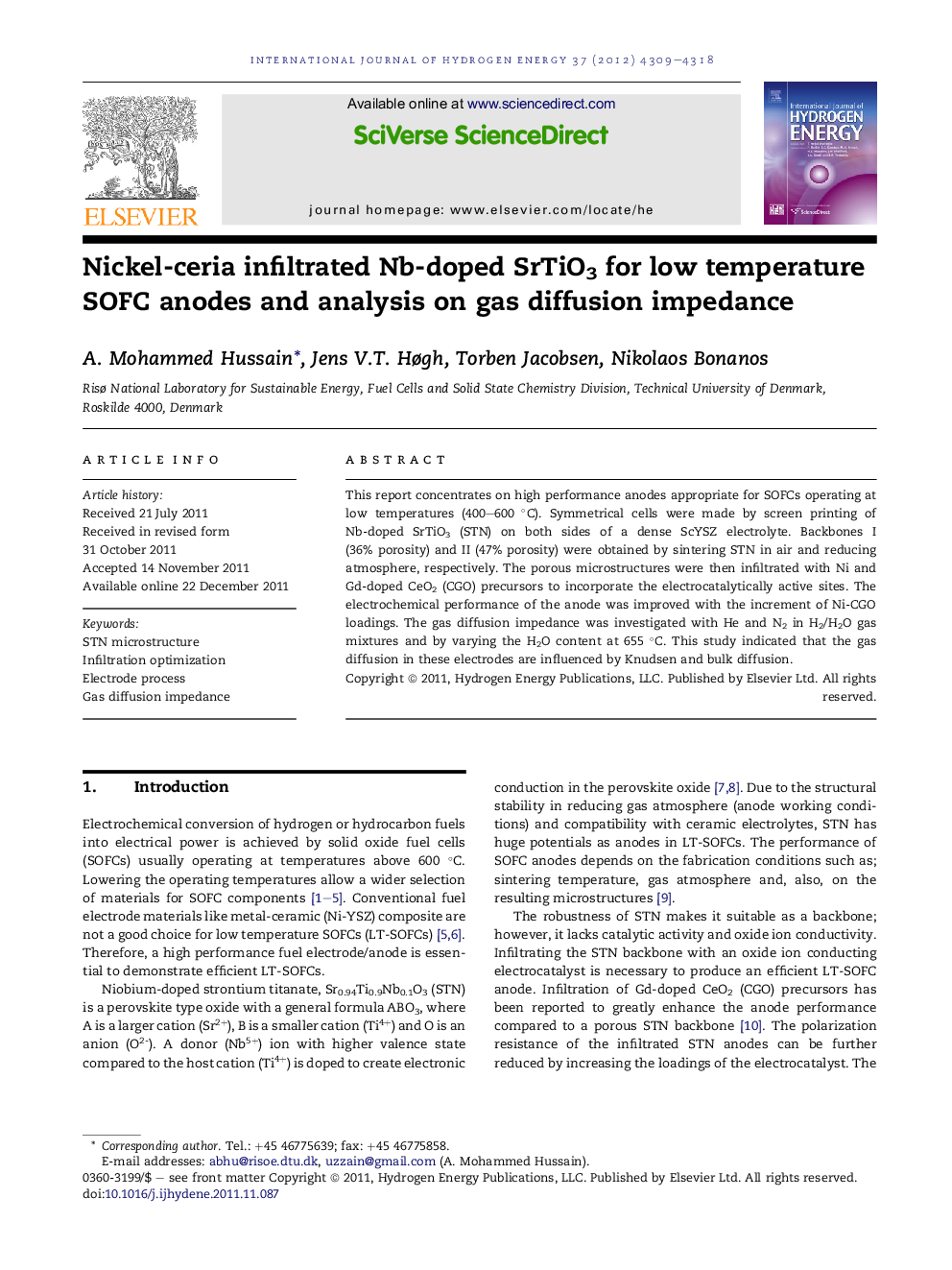 Nickel-ceria infiltrated Nb-doped SrTiO3 for low temperature SOFC anodes and analysis on gas diffusion impedance