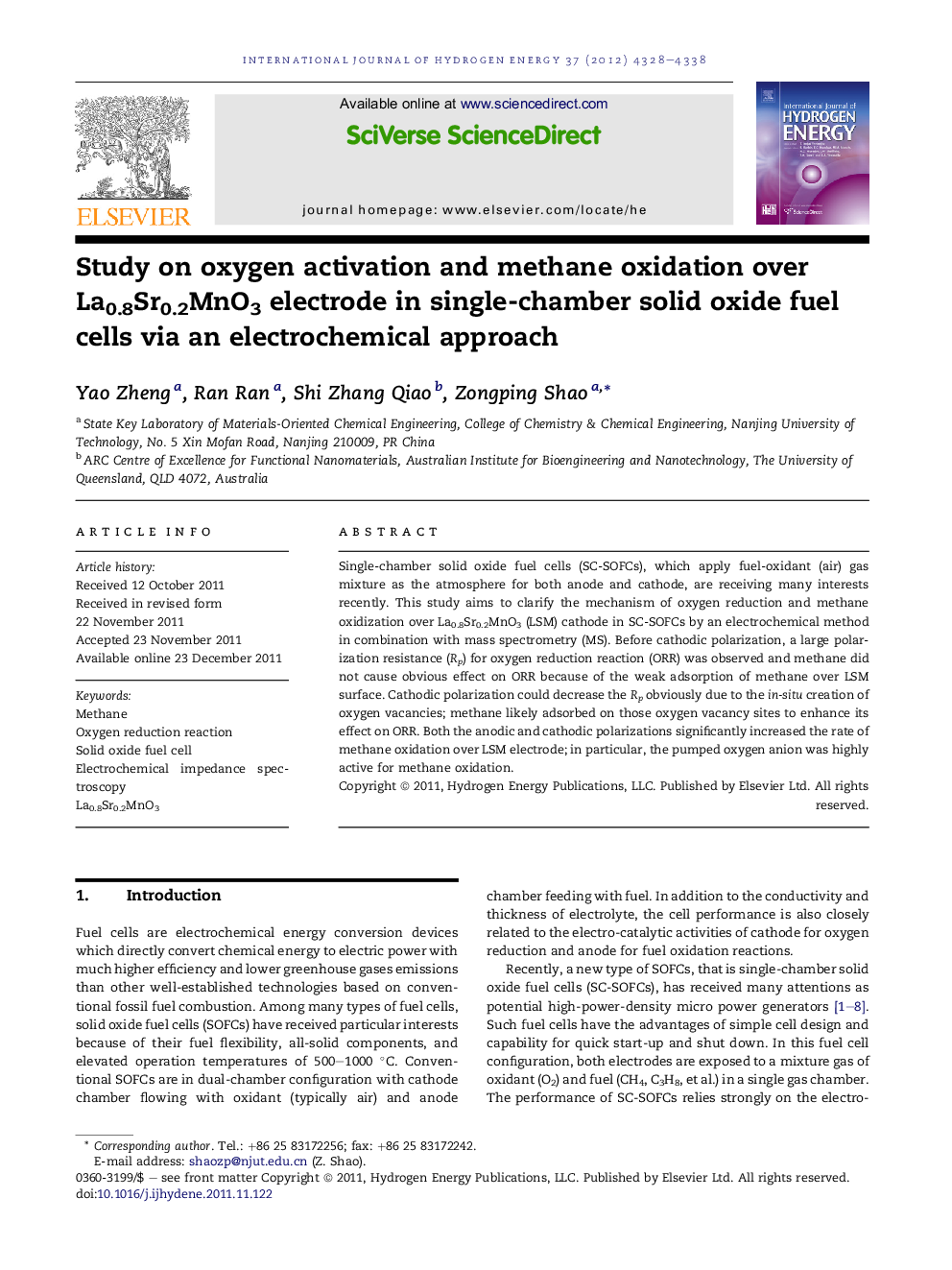 Study on oxygen activation and methane oxidation over La0.8Sr0.2MnO3 electrode in single-chamber solid oxide fuel cells via an electrochemical approach