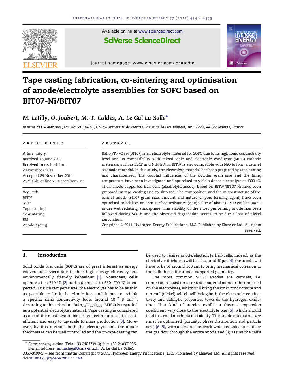 Tape casting fabrication, co-sintering and optimisation of anode/electrolyte assemblies for SOFC based on BIT07-Ni/BIT07