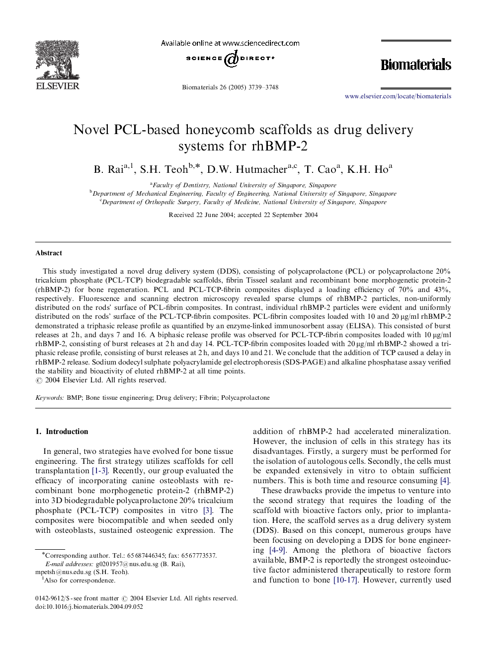 Novel PCL-based honeycomb scaffolds as drug delivery systems for rhBMP-2