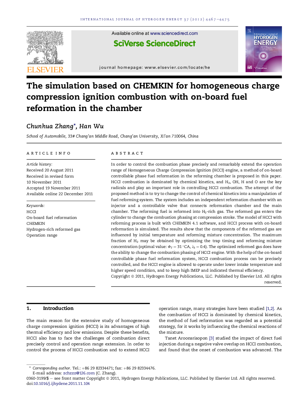 The simulation based on CHEMKIN for homogeneous charge compression ignition combustion with on-board fuel reformation in the chamber