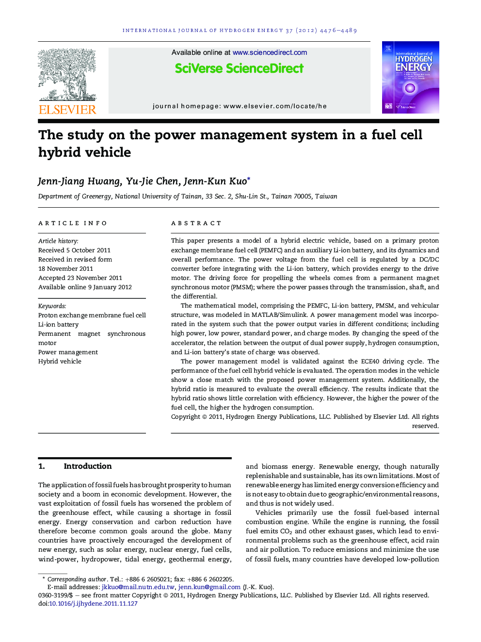 The study on the power management system in a fuel cell hybrid vehicle