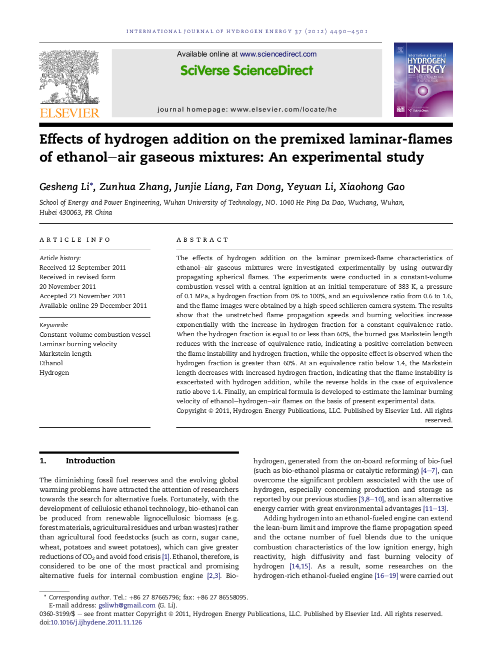 Effects of hydrogen addition on the premixed laminar-flames of ethanol–air gaseous mixtures: An experimental study