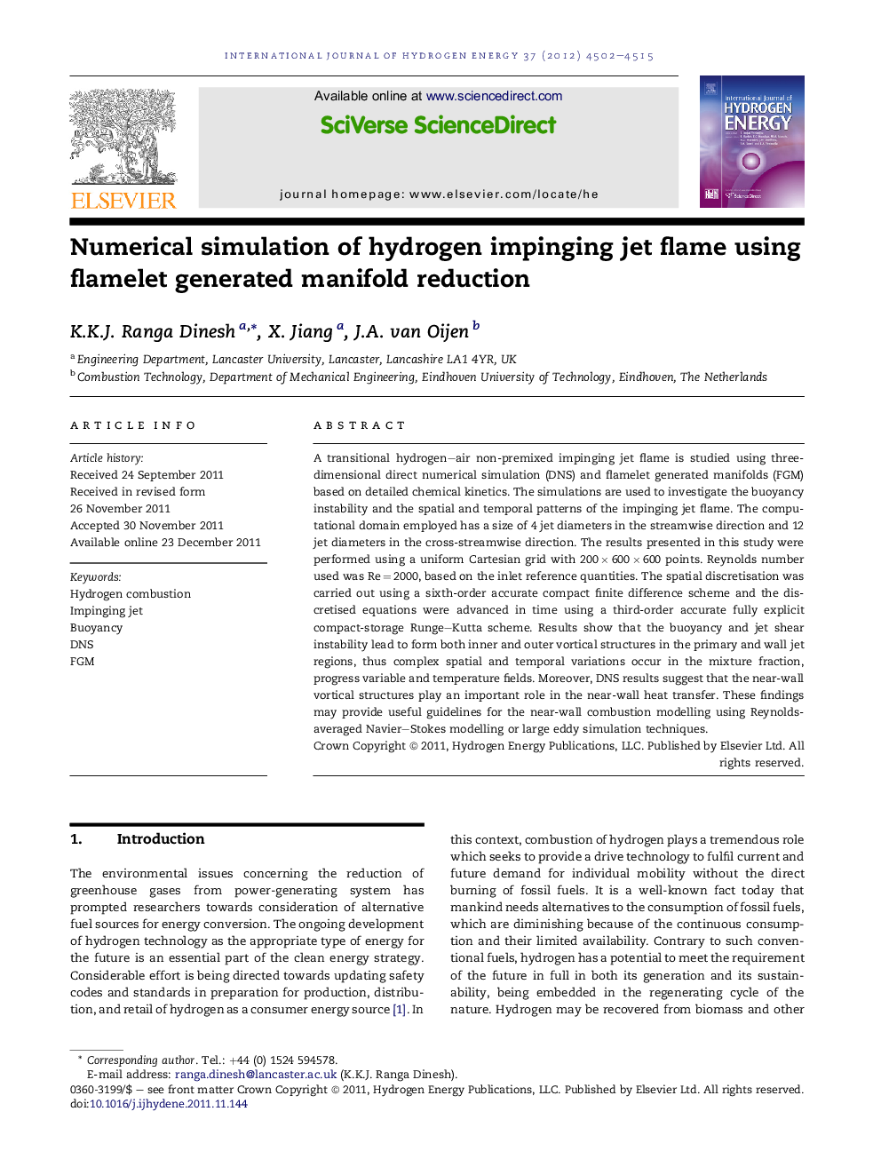 Numerical simulation of hydrogen impinging jet flame using flamelet generated manifold reduction