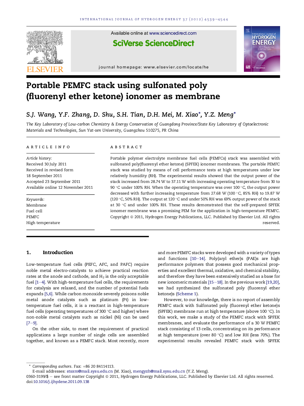 Portable PEMFC stack using sulfonated poly (fluorenyl ether ketone) ionomer as membrane