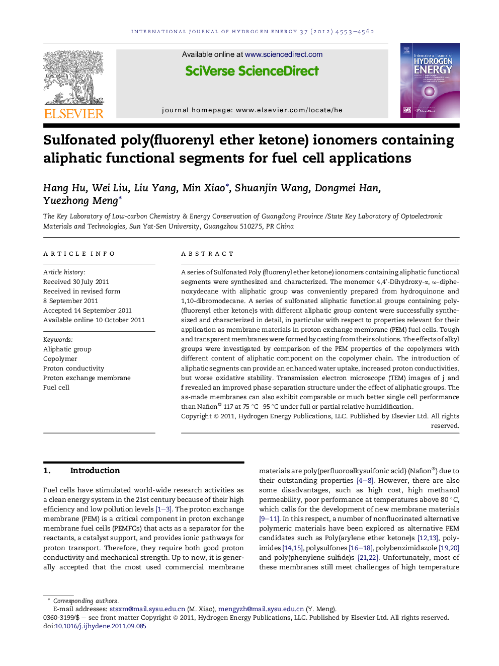 Sulfonated poly(fluorenyl ether ketone) ionomers containing aliphatic functional segments for fuel cell applications