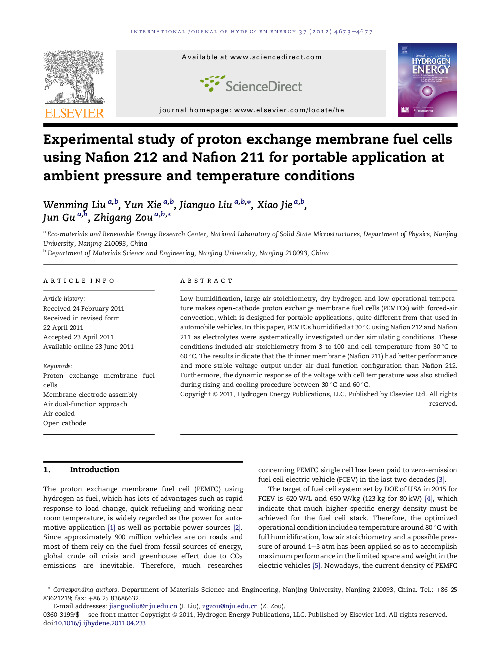 Experimental study of proton exchange membrane fuel cells using Nafion 212 and Nafion 211 for portable application at ambient pressure and temperature conditions